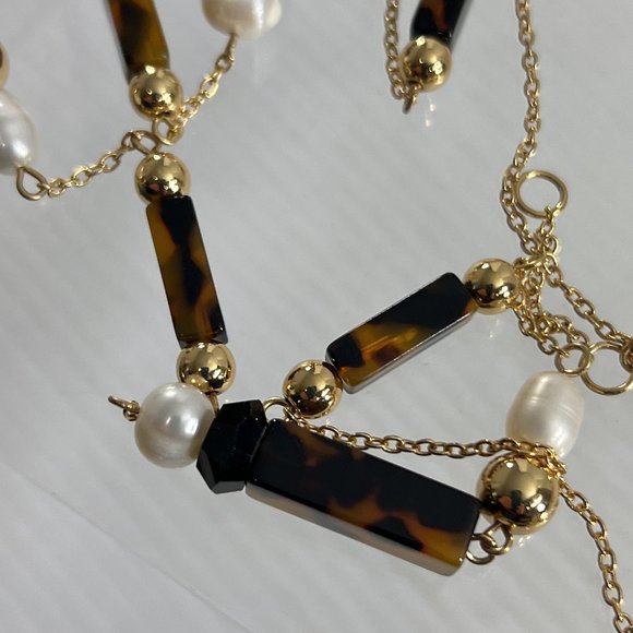 Ann Taylor Necklace Beaded Gold Tone Faux Tigers Eye Faux Pearl 33" - Picture 4 of 7